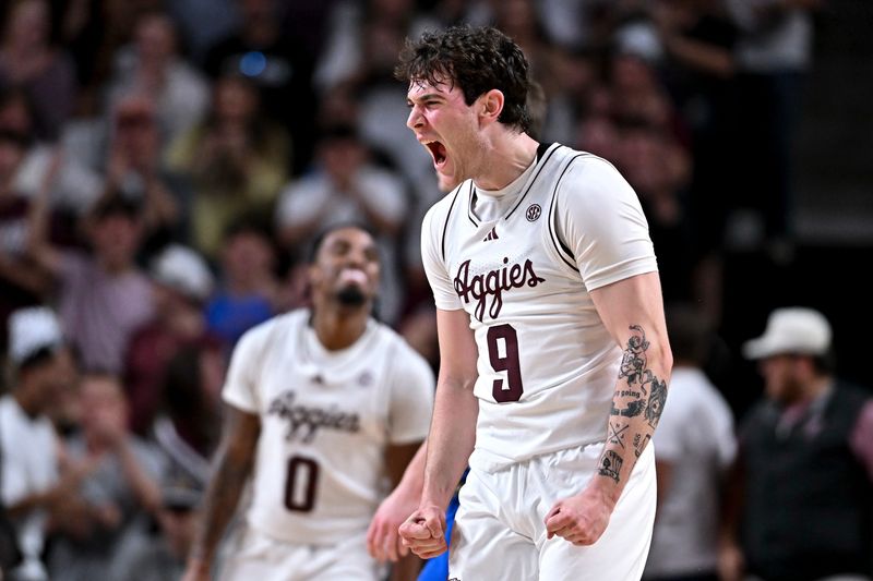Mar 3, 2026; College Station, Texas, USA; Texas A&M Aggies guard Rubén Dominguez (9) reacts during the first half against the Kentucky Wildcats at Reed Arena. Mandatory Credit: Maria Lysaker-Imagn Images