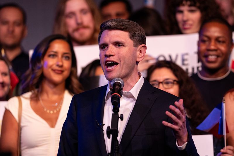 James Talarico speaks to his supporters during his election night watch party at Emo’s in Austin, Texas, on March 3, 2026. Talarico is running in the Democratic primary for U.S. Senate and led his Democratic opponent, U.S. Rep. Jasmine Crockett, in early voting returns. [yahoo.com]