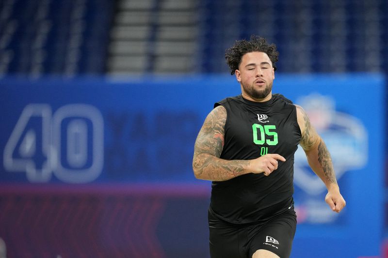 Mar 1, 2026; Indianapolis, IN, USA; Texas A&M offensive lineman Chase Bisontis (OL05) during the NFL Scouting Combine at Lucas Oil Stadium. Mandatory Credit: Kirby Lee-Imagn Images