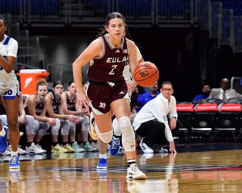 Eula's Emma Damron dribbles the ball down the court during the 1A DI UIL girls basketball state championship game against Broaddus, on Thursday, March 5, 2026, at the Alamodome in San Antonio.