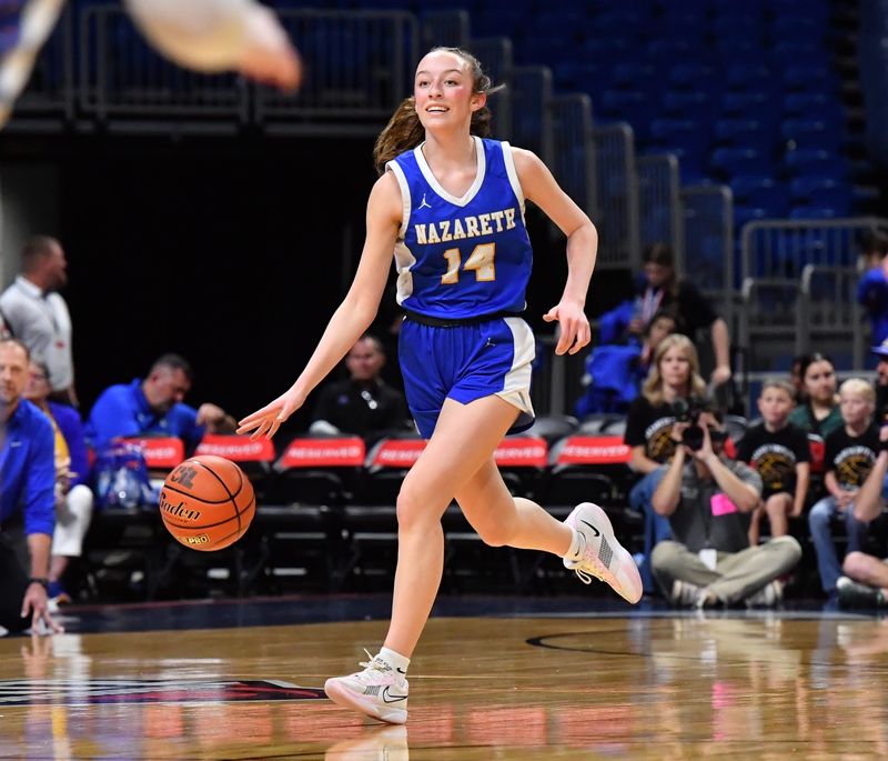 Nazareth's Kambri Cleavinger dribbles the ball down court during the 1A DII UIL girls basketball state championship game against Saltillo, on Thursday, March 5, 2026, at the Alamodome in San Antonio.