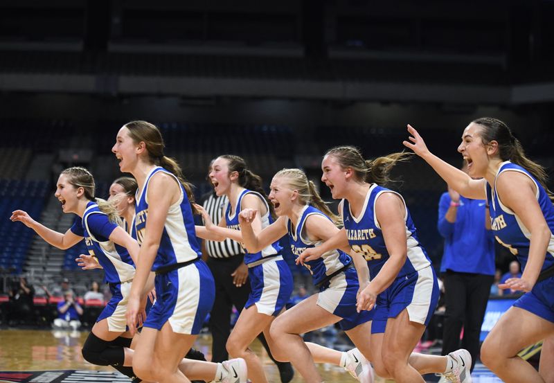 Nazareth reacts after a win over Saltillo in the Class 1A Division II state championship girls basketball game Thursday, March 5, 2026, at the Alamodome in San Antonio.