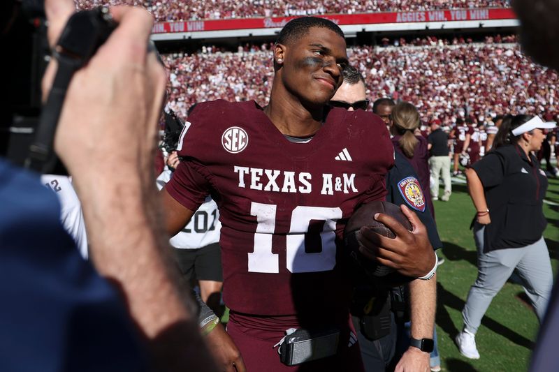 Nov 15, 2025; College Station, Texas, USA; Texas A&M Aggies quarterback Marcel Reed (10) walks on the field after the game against the South Carolina Gamecocks at Kyle Field