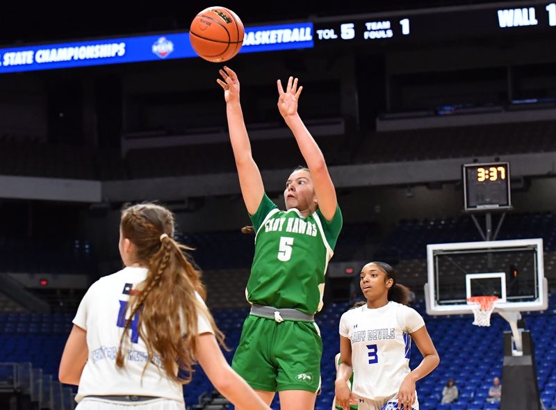 Wall's Jewels Johnson shoots the ball during the 3A DII UIL girls basketball state championship game against Central Heights, on Friday, March 6, 2026, in San Antonio.