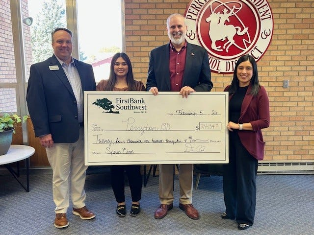 Perryton ISD receives $24,134.75, the highest amount raised for an individual school or district in 2025 through FirstBank Southwest’s School Spirit Debit Card Program.