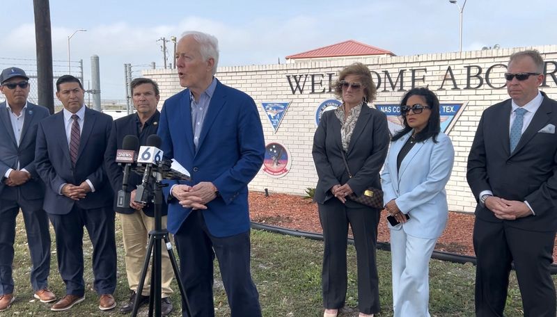 U.S. Sen. John Cornyn (front) discusses his support for the Corpus Christi Army Depot on March 6.