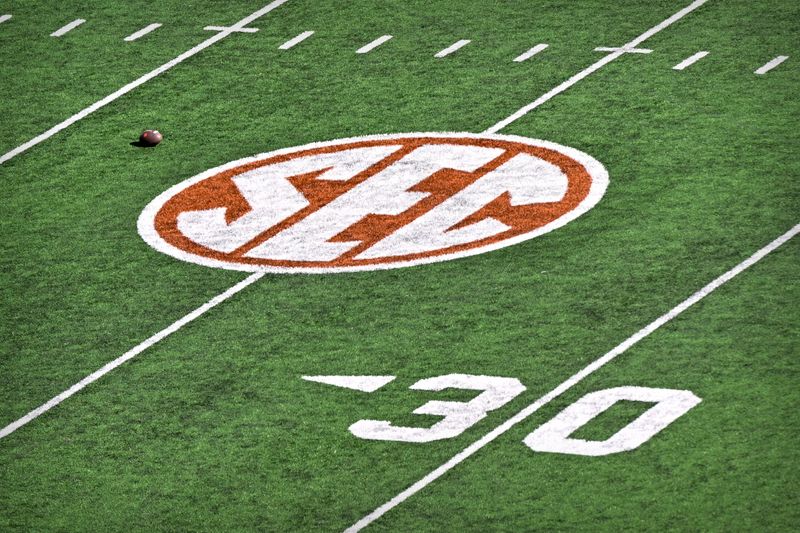 Dec 21, 2024; Austin, Texas, USA; A general view of the field and the SEC logo before the game between the Texas Longhorns and the Clemson Tigers in the CFP National Playoff first round game at Darrell K Royal-Texas Memorial Stadium. Mandatory Credit: Jerome Miron-Imagn Images