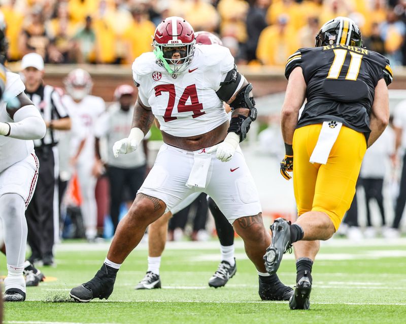 Oct 11, 2025; Columbia, Missouri, USA; Alabama Crimson Tide offensive lineman Kadyn Proctor (74) plays in their game with the Missouri Tigers at Faurot Field at Memorial Stadium. Mandatory Credit: Reese Strickland-Imagn Images