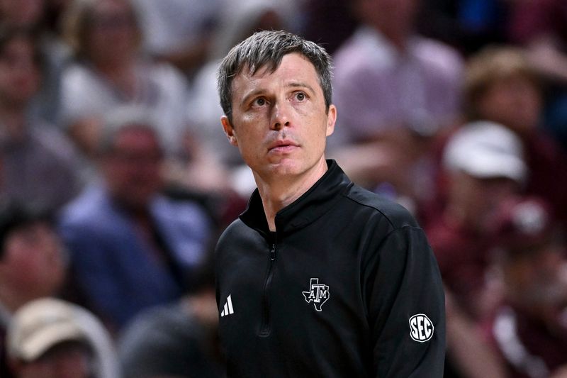 Mar 3, 2026; College Station, Texas, USA; Texas A&M Aggies head coach Bucky McMillan looks on during the second half against the Kentucky Wildcats at Reed Arena