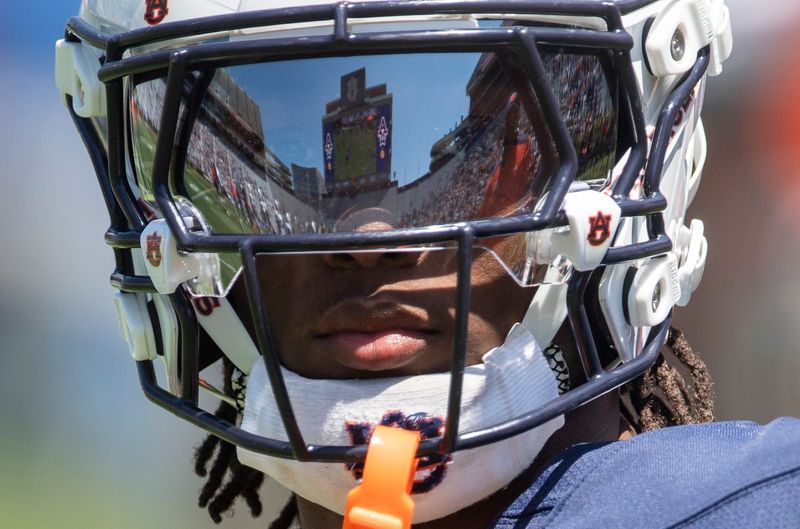 Auburn Tigers wide receiver Cam Coleman (8) looks on during Auburn Tigers A-Day football practice at Jordan-Hare Stadium in Auburn, Ala., on Saturday, April 12, 2025.