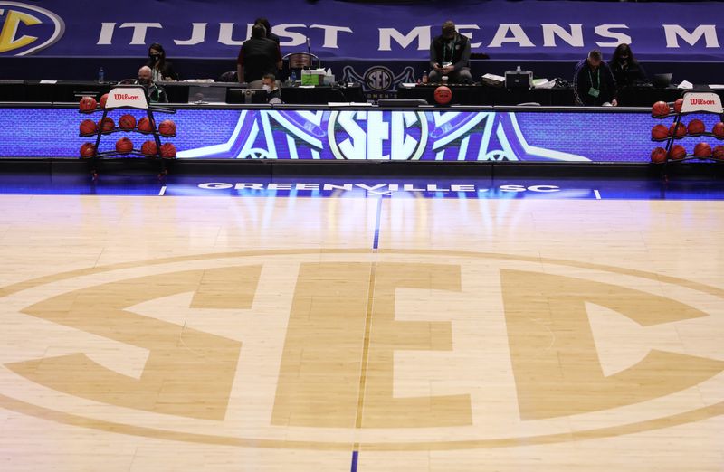 Mar 7, 2021; Greenville, SC, USA; A view of the SEC logo mid-court prior to the matchup between the South Carolina Gamecocks and Georgia Lady Bulldogs during the SEC Conference Championship at Bon Secours Wellness Arena. Mandatory Credit: Dawson Powers-USA TODAY Sports