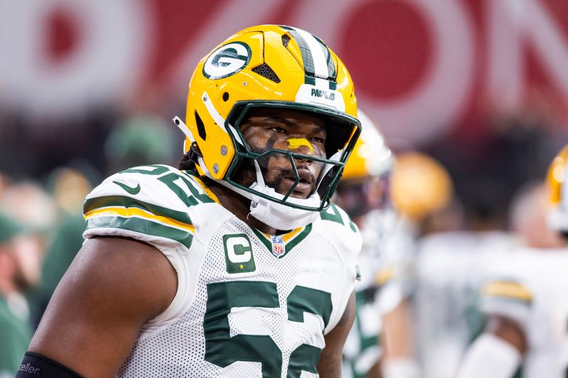 Oct 19, 2025; Glendale, Arizona, USA; Green Bay Packers defensive lineman Rashan Gary (52) against the Arizona Cardinals at State Farm Stadium. Mandatory Credit: Mark J. Rebilas-Imagn Images