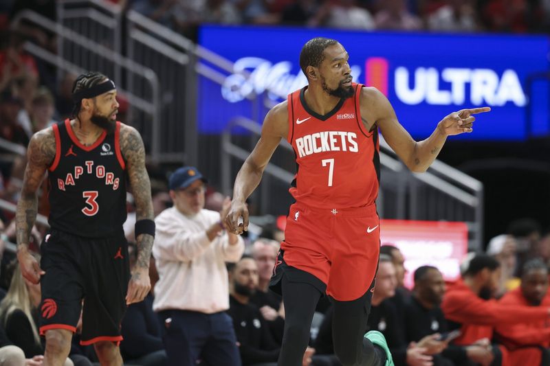 Mar 10, 2026; Houston, Texas, USA; Houston Rockets forward Kevin Durant (7) reacts after scoring a basket during the first quarter against the Toronto Raptors at Toyota Center. Mandatory Credit: Troy Taormina-Imagn Images