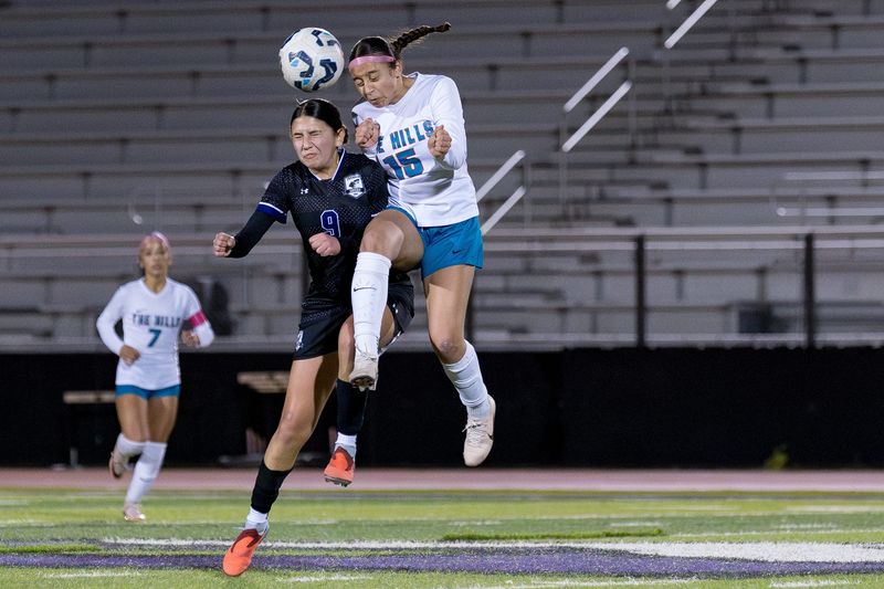 Franklin’s Paulette Prochovnik (9) and Pebble Hills’ Camila Aveytia (15) head the ball during a District 1-6A girls soccer game at Franklin High School on Tuesday, March 10, 2026, in El Paso, Texas
