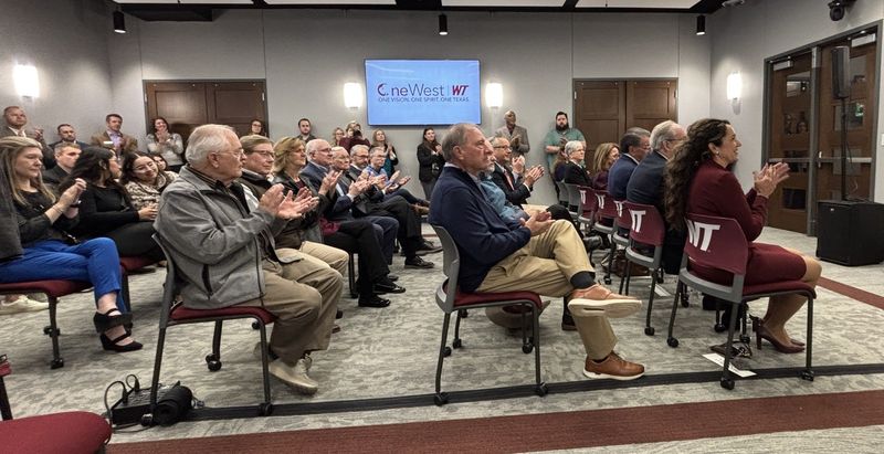 A crowd gathers Wednesday morning at the Harrington Academic Hall WTAMU Amarillo Center to hear about the $5 donation from the High Plains Christian Ministries Foundation to establish a new health insitutute at WT.
