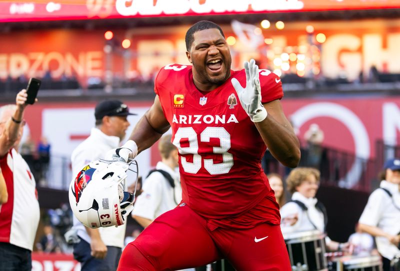 Dec 7, 2025; Glendale, Arizona, USA; Arizona Cardinals defensive end Calais Campbell (93) against the Los Angeles Rams at State Farm Stadium. Mandatory Credit: Mark J. Rebilas-Imagn Images