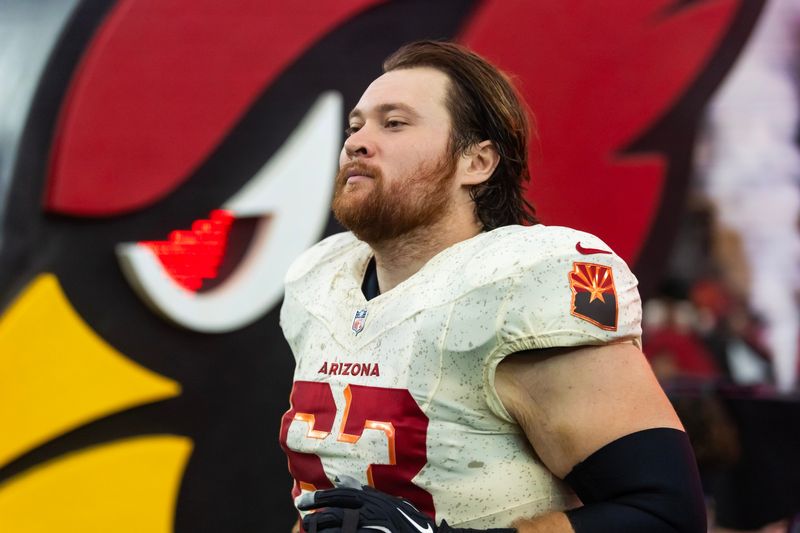 Sep 25, 2025; Glendale, Arizona, USA; Arizona Cardinals offensive lineman Evan Brown (63) against the Seattle Seahawks at State Farm Stadium. Mandatory Credit: Mark J. Rebilas-Imagn Images