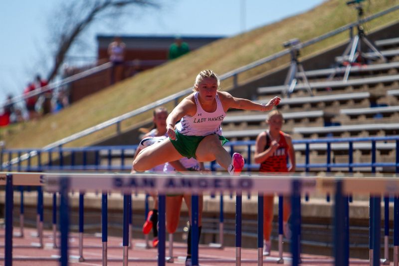 Wall girls track's Jaycee White competes in the Division IV 100-meter hurdles at the 66th San Angelo Relays at San Angelo Stadium on March 13-14, 2026.