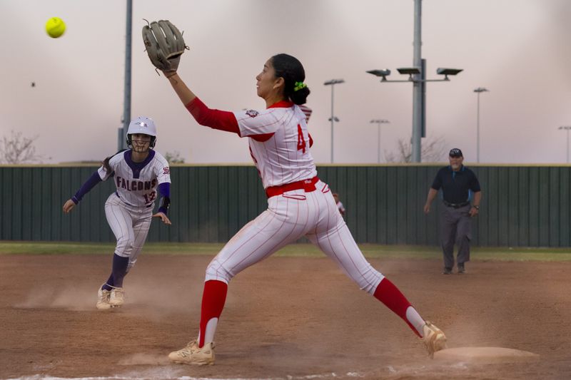 Socorro’s Danielle Lozoya (4) makes the out at first base during a District 1-6A game against Eastlake at Eastlake High School on Tuesday, March 17, 2026, in El Paso, Texas.