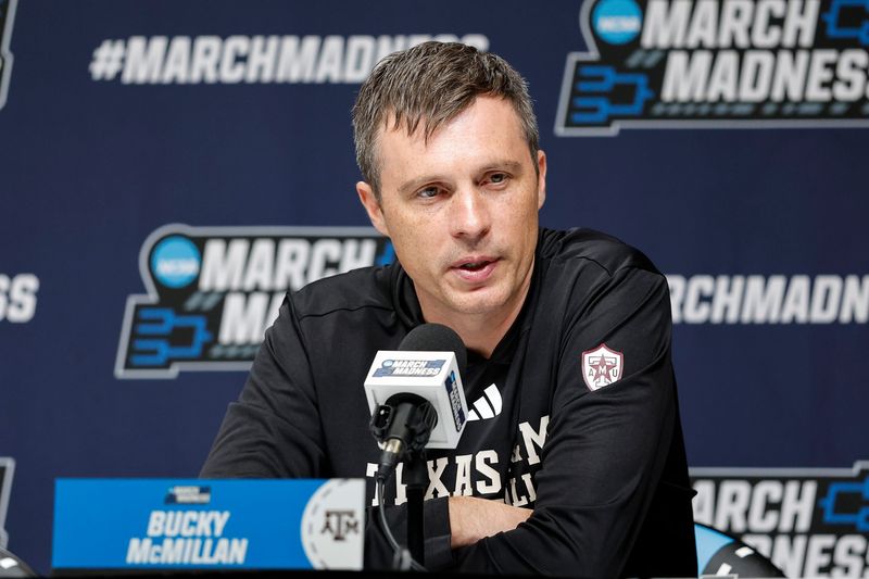 Mar 18, 2026; Oklahoma City, OK, USA; Texas A&M Aggies head coach Bucky McMillan speaks to the media during a press conference ahead of the first round of the men's 2026 NCAA Tournament at Paycom Center. Mandatory Credit: Alonzo Adams-Imagn Images