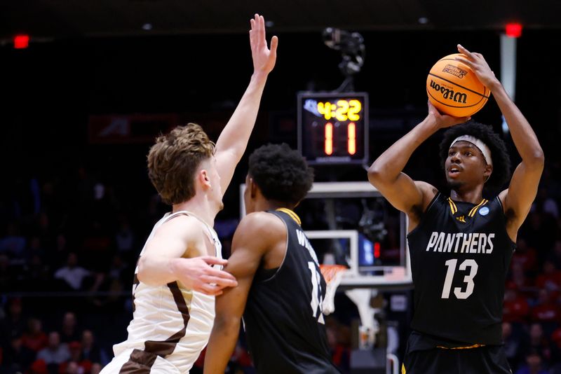 Mar 18, 2026; Dayton, OH, USA; Prairie View A&M Panthers forward Cory Wells (13) shoots the ball in the first half against the Lehigh Mountain Hawks during a first four game of the men's 2026 NCAA Tournament at University of Dayton Arena. Mandatory Credit: Rick Osentoski-Imagn Images
