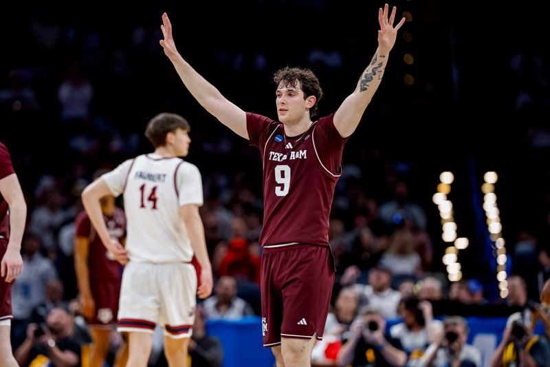Mar 19, 2026; Oklahoma City, OK, USA; Texas A&M Aggies guard Ruben Dominguez (9) reacts during a first round game of the men's 2026 NCAA Tournament at Paycom Center. Mandatory Credit: Alonzo Adams-Imagn Images