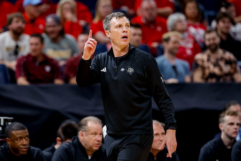 Mar 19, 2026; Oklahoma City, OK, USA; Texas A&M Aggies coach Bucky McMillan during a first round game of the men's 2026 NCAA Tournament at Paycom Center. Mandatory Credit: Alonzo Adams-Imagn Images