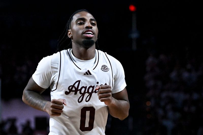 Feb 28, 2026; College Station, Texas, USA; Texas A&M Aggies guard Marcus Hill (0) enters the court prior to the game against the Texas Longhorns at Reed Arena. Mandatory Credit: Maria Lysaker-Imagn Images