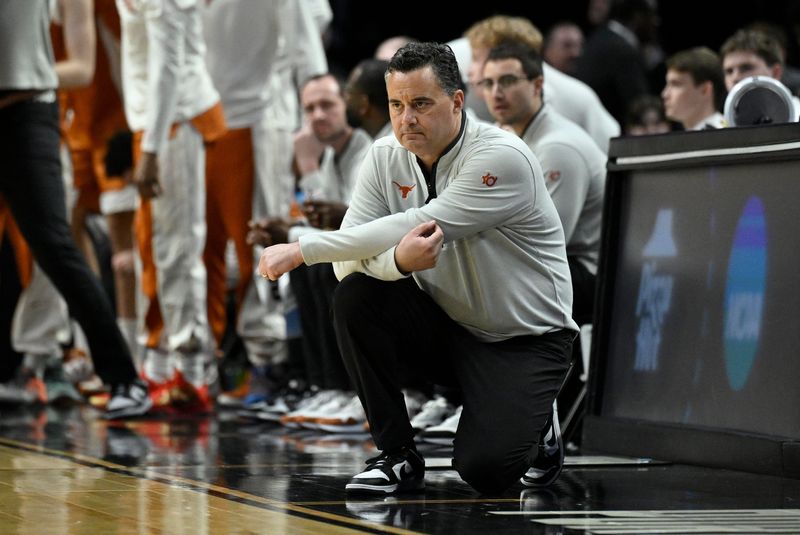 Mar 19, 2026; Portland, OR, USA; Texas Longhorns head coach Sean Miller in the first half against the BYU Cougars during a first round game of the men's 2026 NCAA Tournament at Moda Center. Mandatory Credit: Troy Wayrynen-Imagn Images