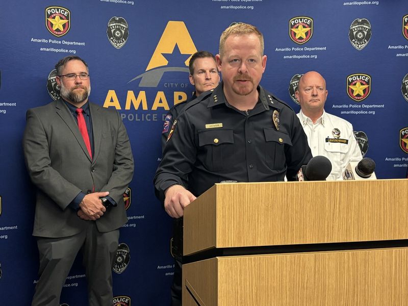 Amarillo Police Department Chief Thomas Hover delivers details on the three separate shooting incidents which occurred Sunday morning, March 22, at a press conference. Attending the conference with him were, from left, Max Dunlap, Amarillo director of emergency management; Amarillo Fire Department Fire Chief Jason Mays; Justin Boyd, AMS operations manager; and (not pictured) Potter County Sheriff Brian Thomas; and Sgt. Eric Hooker, an investigator with the sheriff's office.