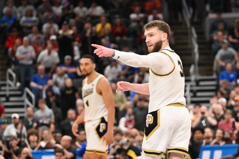Mar 22, 2026; St. Louis, MO, USA; Purdue Boilermakers guard Braden Smith (3) celebrates after a play during the second half against the Miami Hurricanes during a second round game of the men's 2026 NCAA Tournament at Enterprise Center. Mandatory Credit: Jeff Curry-Imagn Images