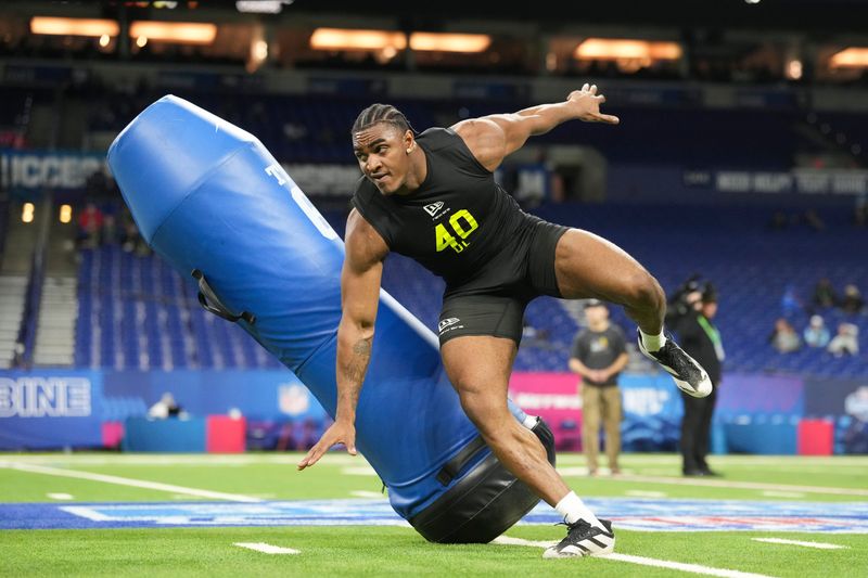 Feb 26, 2026; Indianapolis, IN, USA; Texas Tech defensive lineman Romello Height (DL40) during the NFL Scouting Combine at Lucas Oil Stadium. Mandatory Credit: Kirby Lee-Imagn Images