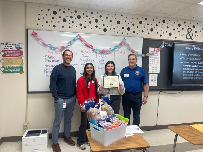 Abbie Chapmond of Tascosa High School (Amarillo ISD) celebrates with others after being named one of the February winners of the 14th annual Teachers On The Rise program.