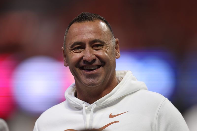 Dec 7, 2024; Atlanta, GA, USA; Texas Longhorns head coach Steve Sarkisian before the 2024 SEC Championship game at Mercedes-Benz Stadium. Mandatory Credit: Brett Davis-Imagn Images