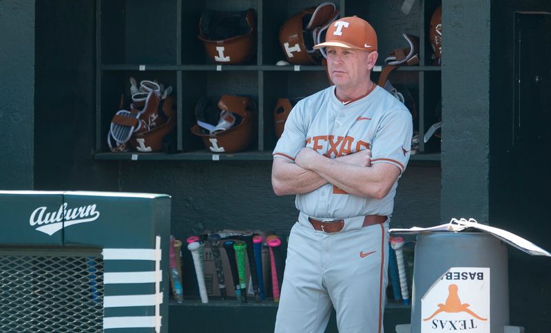 Texas Longhorns head coach Jim Schlossnagle watches n as Auburn Tigers take on Texas Longhorns at Plainsman Park in Auburn, Ala. on Sunday, March 22, 2026.