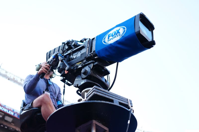 Oct 6, 2024; Denver, Colorado, USA; Detailed view of a Fox Sports broadcast camera towner during the game between the Las Vegas Raiders against the Denver Broncos at Empower Field at Mile High. Mandatory Credit: Ron Chenoy-Imagn Images