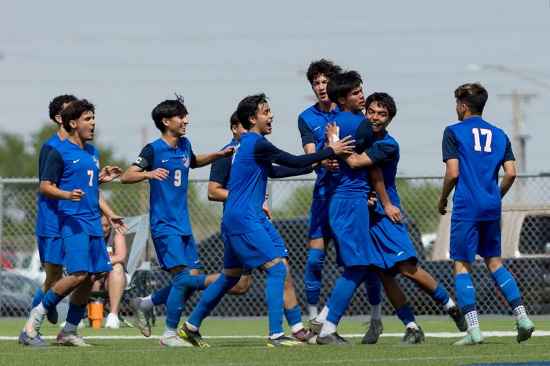 Americas’ celebrates Mathias Loya’s (10) goal during a Class 5A Division I regional final soccer game against Aledo at Andrews High School in Andrews, Texas, on Tuesday, March 31, 2026.