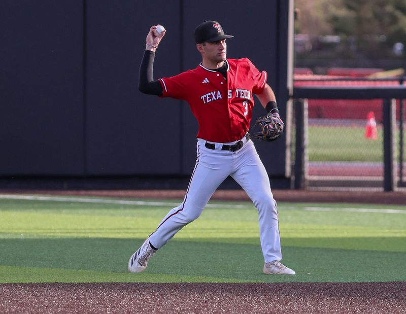 Texas Tech's Tracer Lopez prepares to throw for an out against Abilene Christian during a non-conference Division I baseball game, Tuesday, March 31, 2026, at Rip Griffin Park.