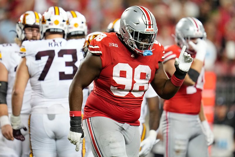 Ohio State Buckeyes defensive lineman Kayden McDonald (98) celebrates during the second half of the NCAA football game at Ohio Stadium in Columbus on Oct. 4, 2025. Ohio State won 42-3.