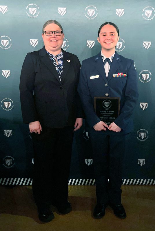Felicity Jones (right) stands beside Angela Jander, the Concerned Veterans of America Foundation grassroots engagement director, after receiving the Staff Sgt. Jeremy D. Smith Exemplary Service Award in Washington, D.C. March 31. Jones is a JROTC cadet at Abilene High School.
