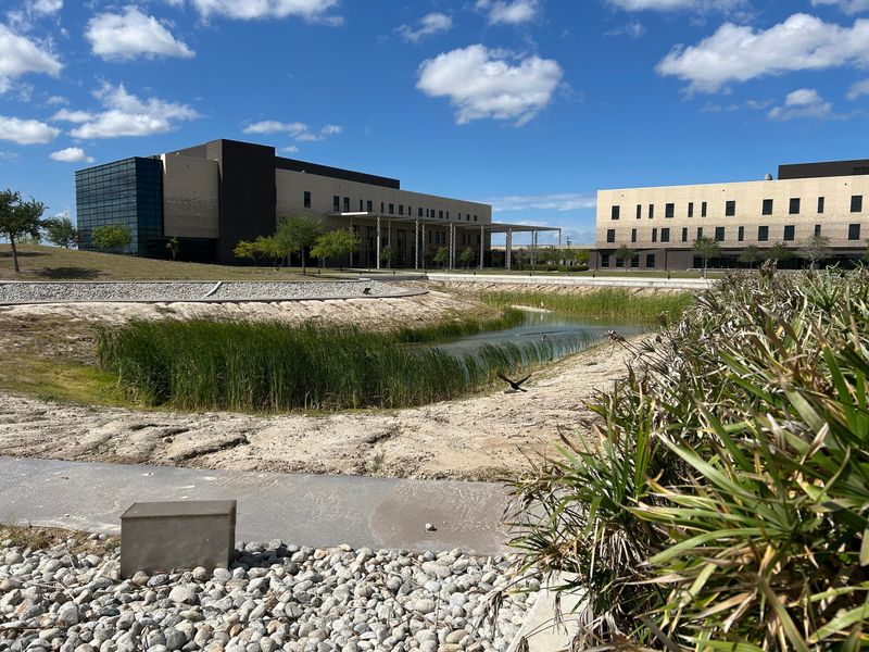 Water was low in Del Mar College's Oso Creek campus retaining pond on April 7, 2026.