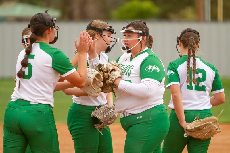 Wall softball's Madee Williams (10), Jai Kleman (5), McKinlee Alexander (6) and Abby Werner (12) meet at the pitcher's circle after a strikeout against Clyde at Wall High School on Tuesday, April 7, 2026.