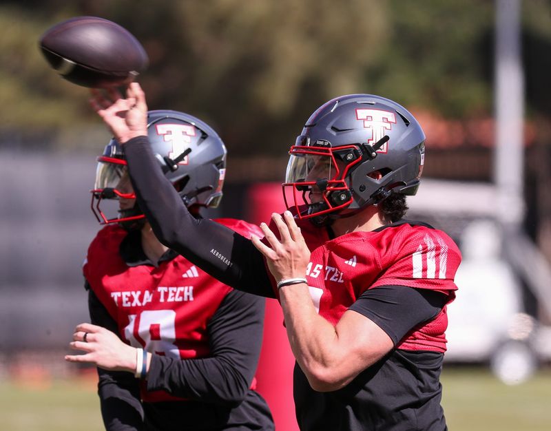 Texas Tech's Brendan Sorsby throws a pass during spring football practice, Thursday, April 9, 2026, at the Womble Football Center.