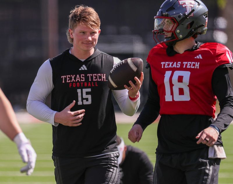 Texas Tech's Will Hammond (15) attends spring football practice, Thursday, April 9, 2026, at the Womble Football Center.