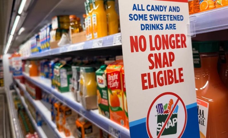 A sign at an H-E-B in Austin on March 23, 2026 alerts shoppers of new restrictions on what they can purchase with SNAP benefits.
