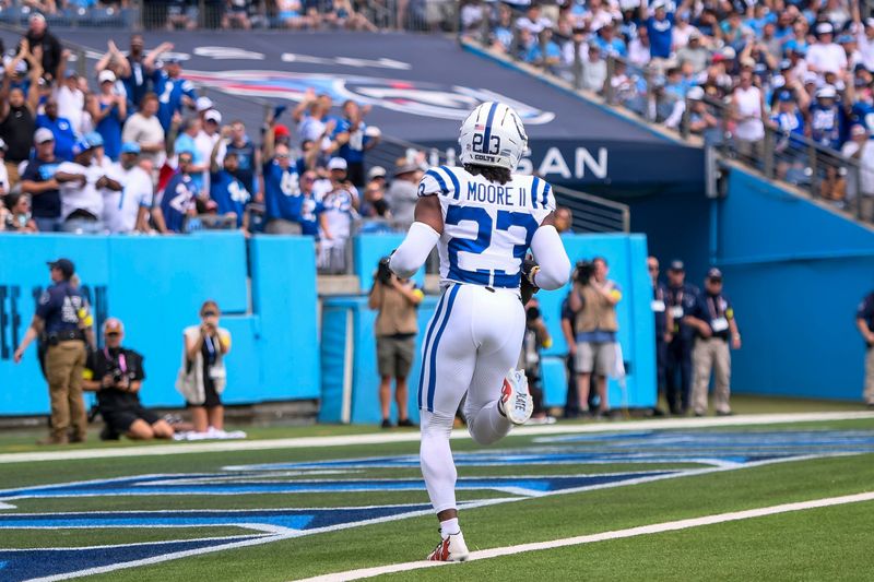 Indianapolis Colts cornerback Kenny Moore II (23) intercepts a pass for a pick six during the first quarter at Nissan Stadium.
