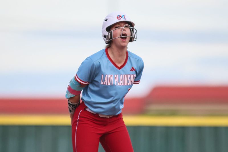 Monterey's Sabrina McBeath reacts to landing on second base as Monterey faces Amarillo in a District 3-5A softball game at Lady Plainsmen Field, Friday, April 10, 2026, in Lubbock.