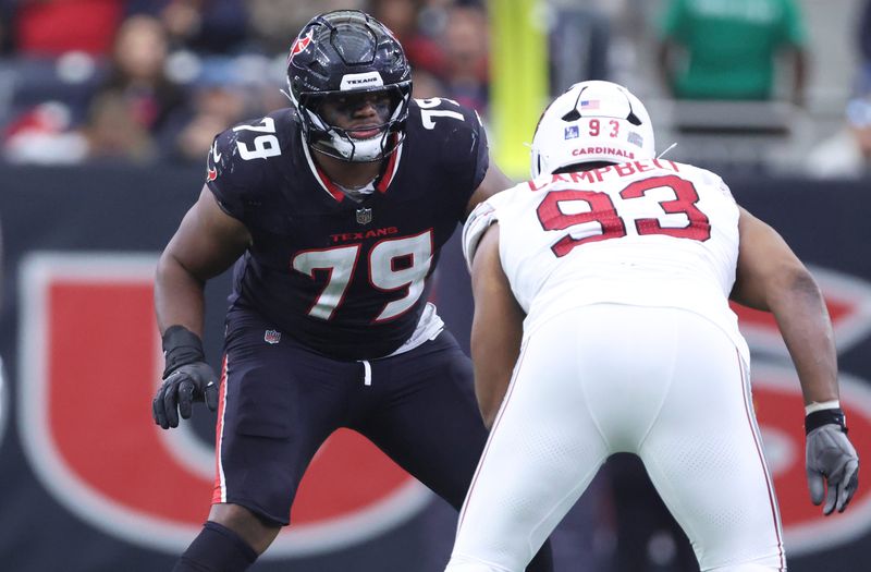 Dec 14, 2025; Houston, Texas, USA; Houston Texans offensive tackle Aireontae Ersery (79) in action during the game against the Arizona Cardinals at NRG Stadium. Mandatory Credit: Troy Taormina-Imagn Images