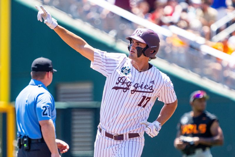 Jun 23, 2024; Omaha, NE, USA; Texas A&M Aggies right fielder Jace Laviolette (17) celebrates after hitting a home run against the Tennessee Volunteers during the first inning at Charles Schwab Field Omaha. Mandatory Credit: Dylan Widger-USA TODAY Sports