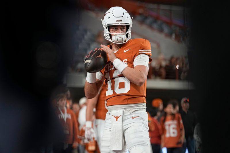Nov 28, 2025; Austin, Texas, USA; Texas Longhorns quarterback Arch Manning warms up before a game against the Texas A&M Aggies at Darrell K Royal-Texas Memorial Stadium. Mandatory Credit: Scott Wachter-Imagn Images